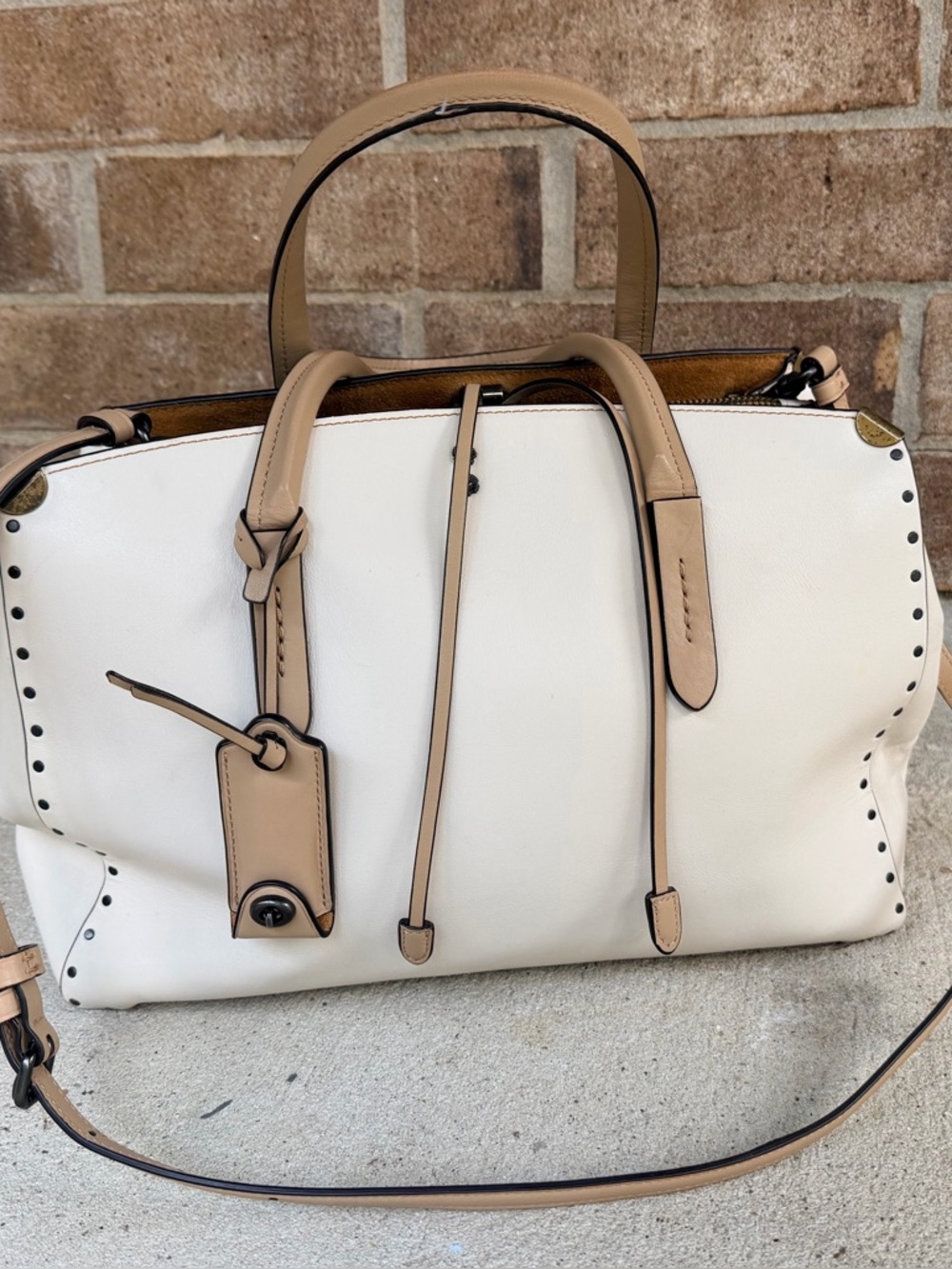 Coach Cooper Carryall 29256 Ivory & Tan Leather Satchel w/ Crossbody Strap